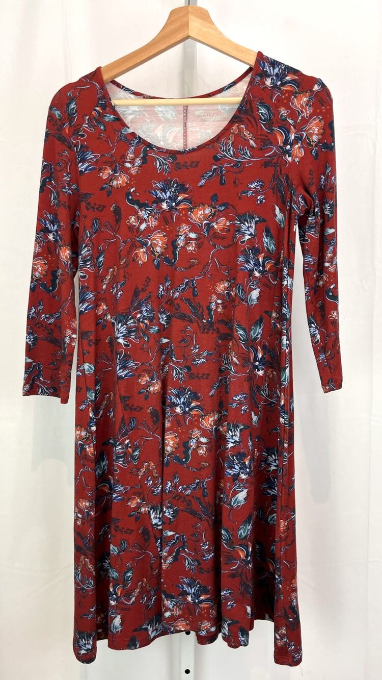 GARNET HILL Size XS Floral Seamed Knit Trapeze Dress 3/4 Sleeve 48312 Rust Red